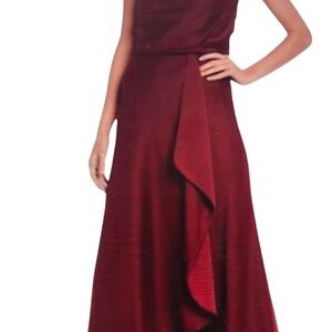 TAYLOR Elegant Burgundy Sleeveless Evening Gown with Asymmetrical Ruffle NWT
